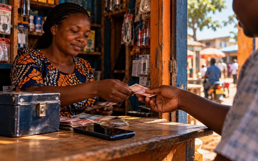 Mobile money agent counter in Tanzania where betting deposits and withdrawals are handled in cash