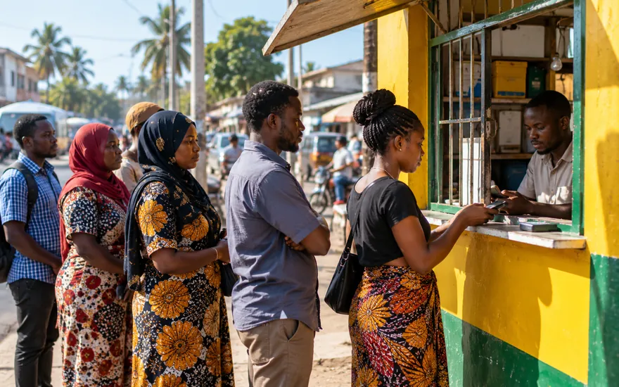 Queue at a mobile money agent kiosk in Tanzania where betting deposits are topped up