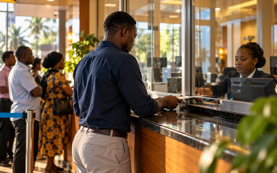 Bank counter in Dar es Salaam used for larger betting withdrawals in Tanzanian shillings