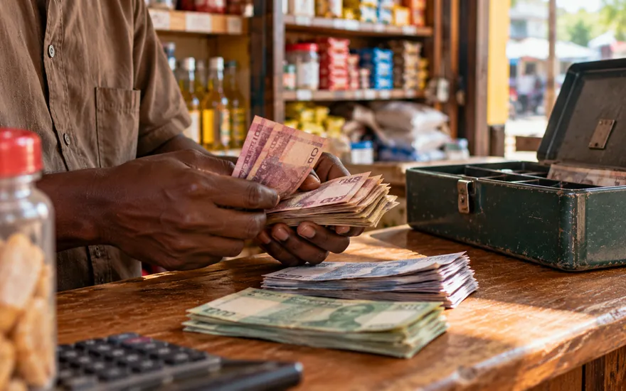 Counting out a betting withdrawal in Tanzanian shillings at a mobile money counter