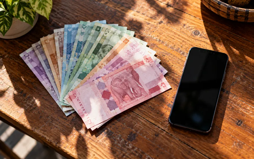 Betting bonus Tanzania: Tanzanian shilling notes counted out on a table beside a phone