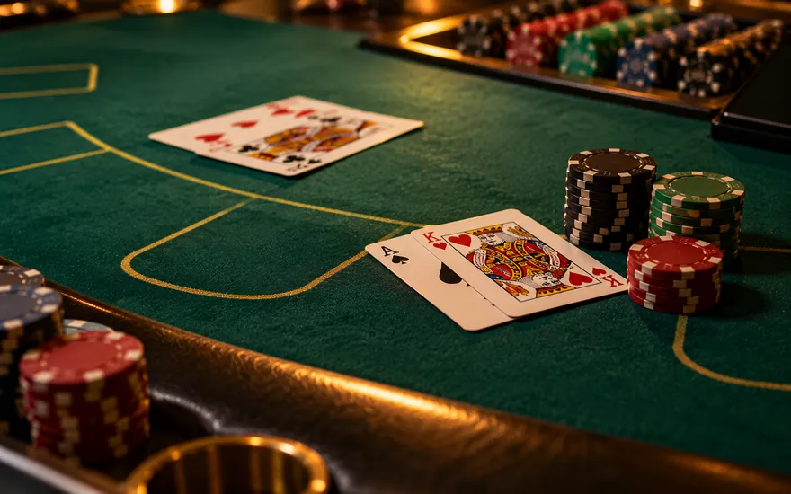 Casino bet Tanzania: blackjack table felt with chips and cards under warm light