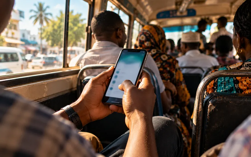 Placing a bet from a betting app in Tanzania while riding a daladala bus