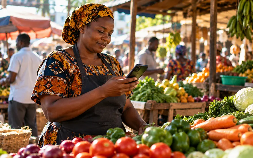 Jinsi ya kubeti Tanzania: mfanyabiashara sokoni akiangalia simu yake wakati wa kuweka dau
