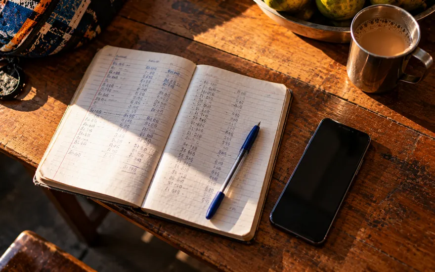 Notebook with handwritten odds and stakes next to a phone, used to track betting in Tanzania