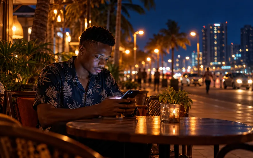 Playing Aviator on a phone in a Dar es Salaam cafe at night