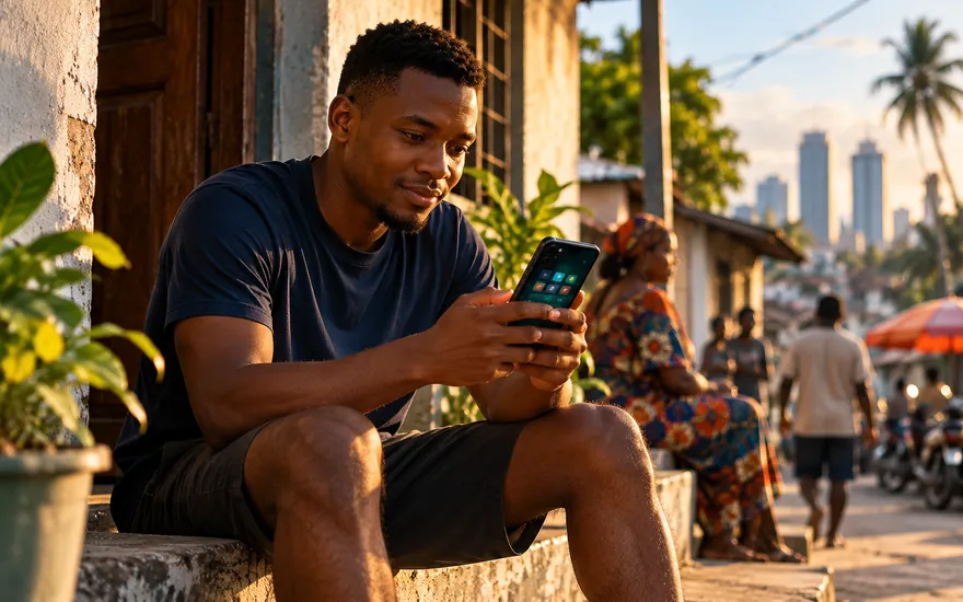 Betting app Tanzania installed on an Android phone held in a doorway in Dar es Salaam