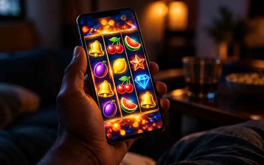 Close-up of online slot reels on a phone screen played from Tanzania