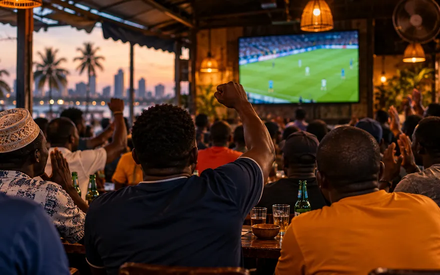 Football betting Tanzania: fans watching a Premier League match in a Dar es Salaam sports bar